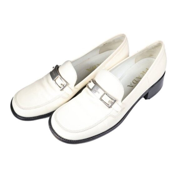 Prada Women's Off-White Leather Loafers With Silver Buckle  Size 37.5 (US 7) - Picture 5 of 7